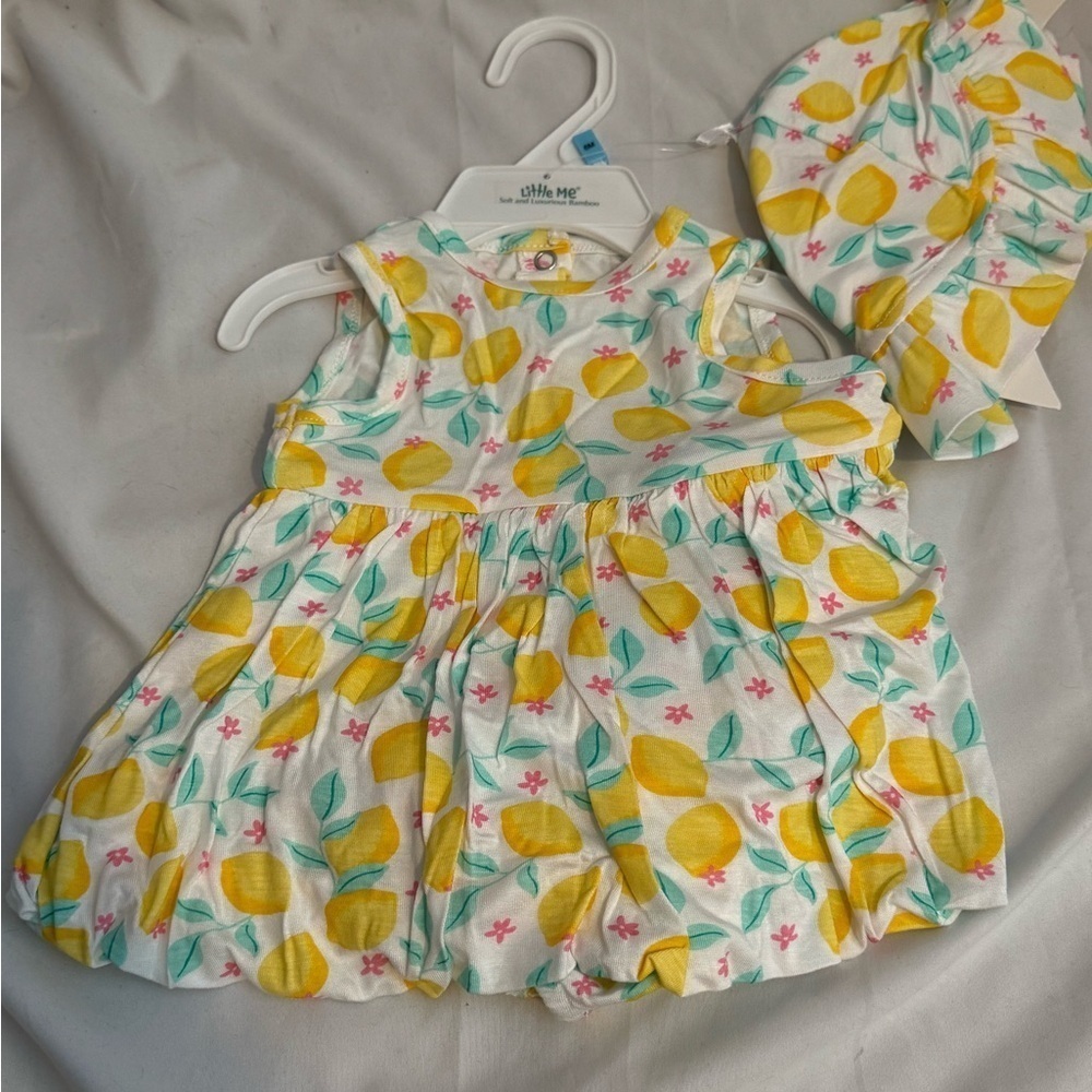 Little Me Lemon Print Baby Dress and Hat Set